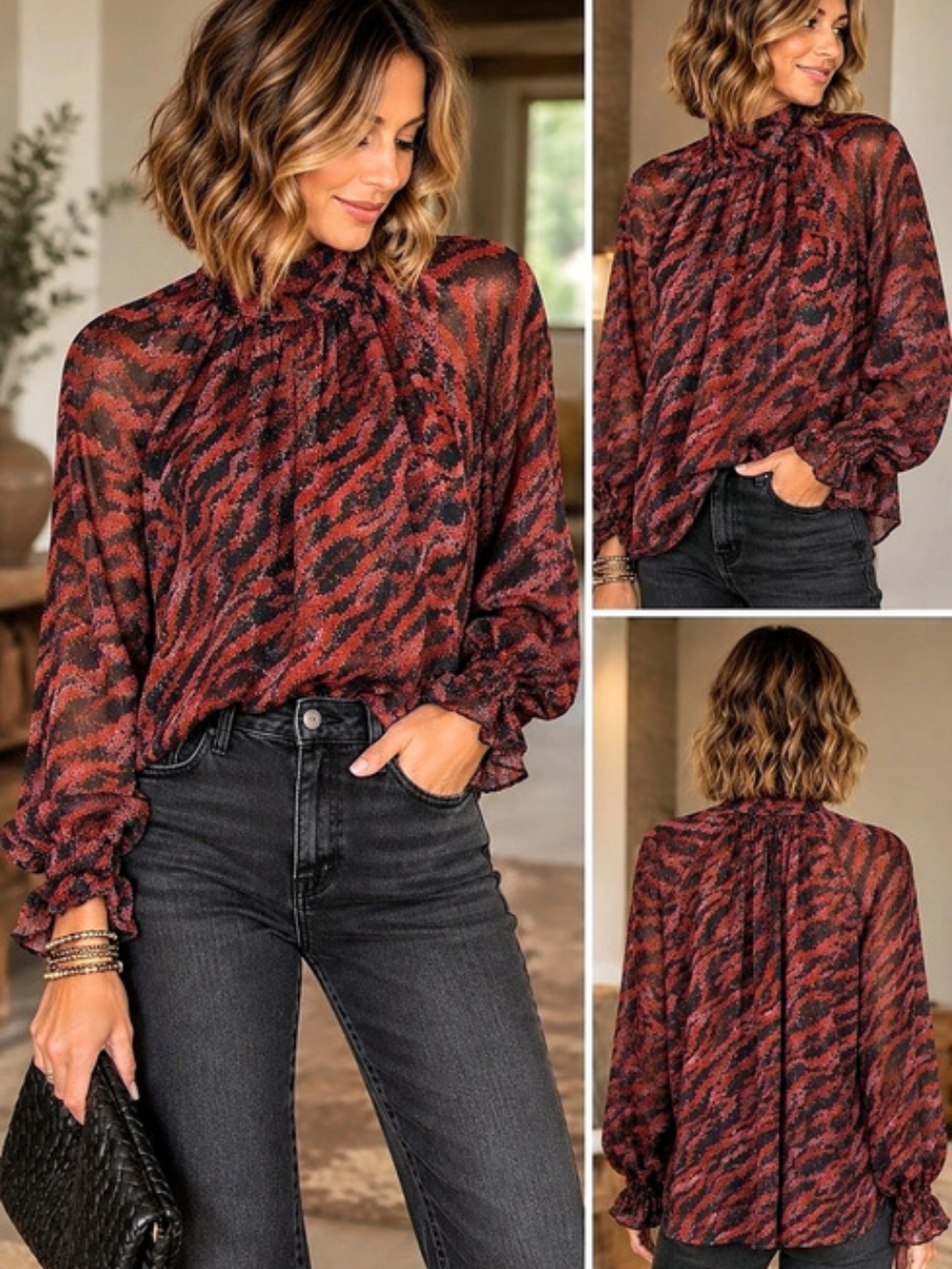 The Nines Animal Print Tie Neck Blouse in Red & Black Like New